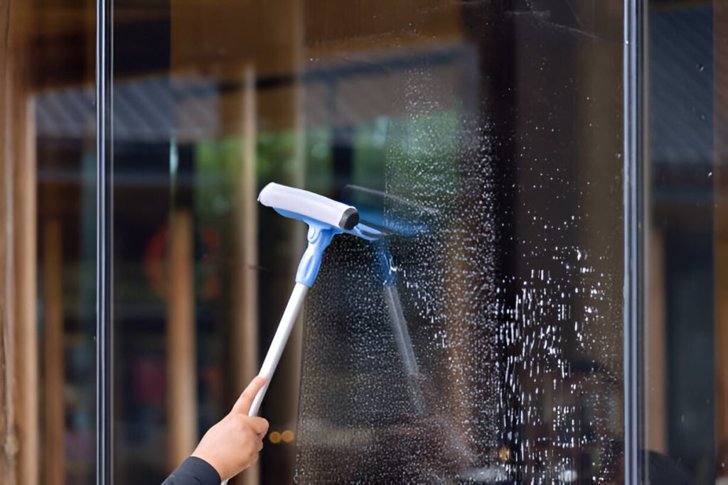 A person is cleaning a window with a squeege