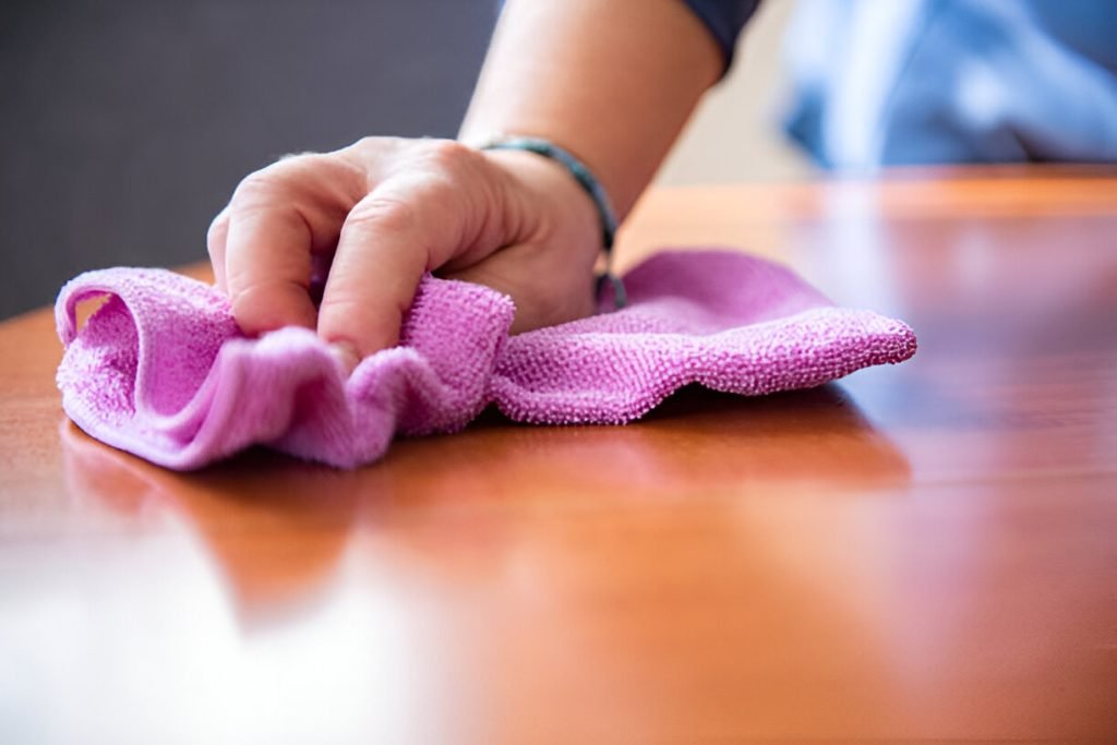 Woman using microfiber cloth for cleaning dust