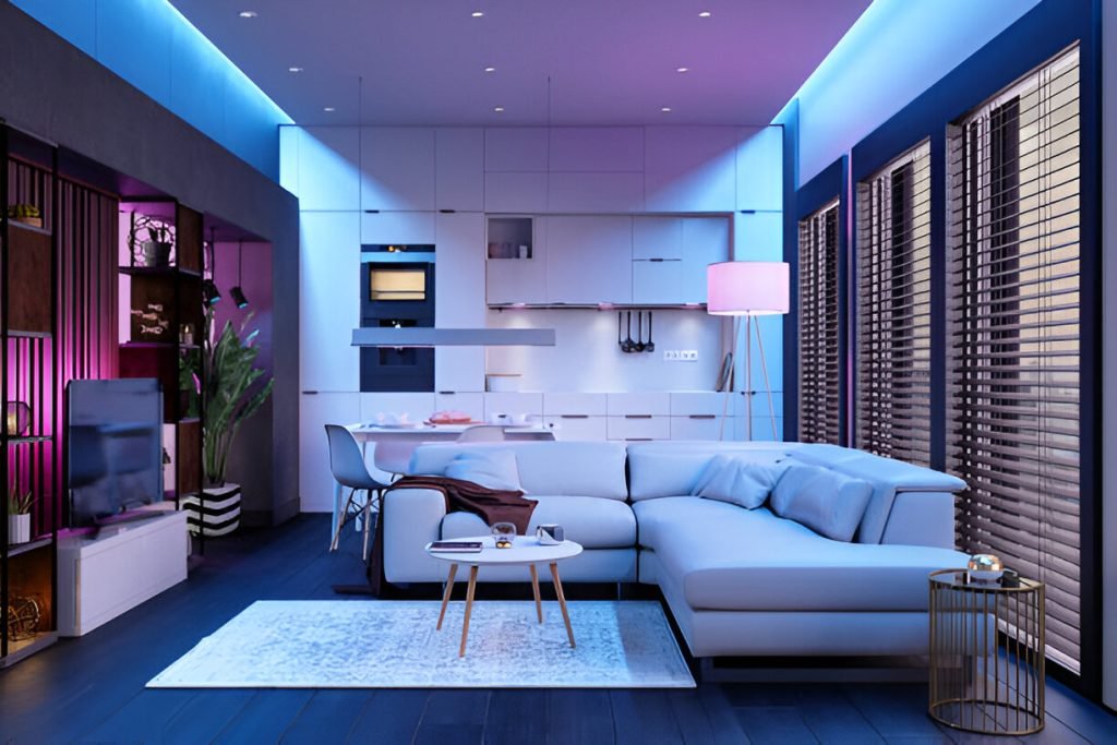 Modern Living Room And Open Plan Kitchen At Night With Neon Lights