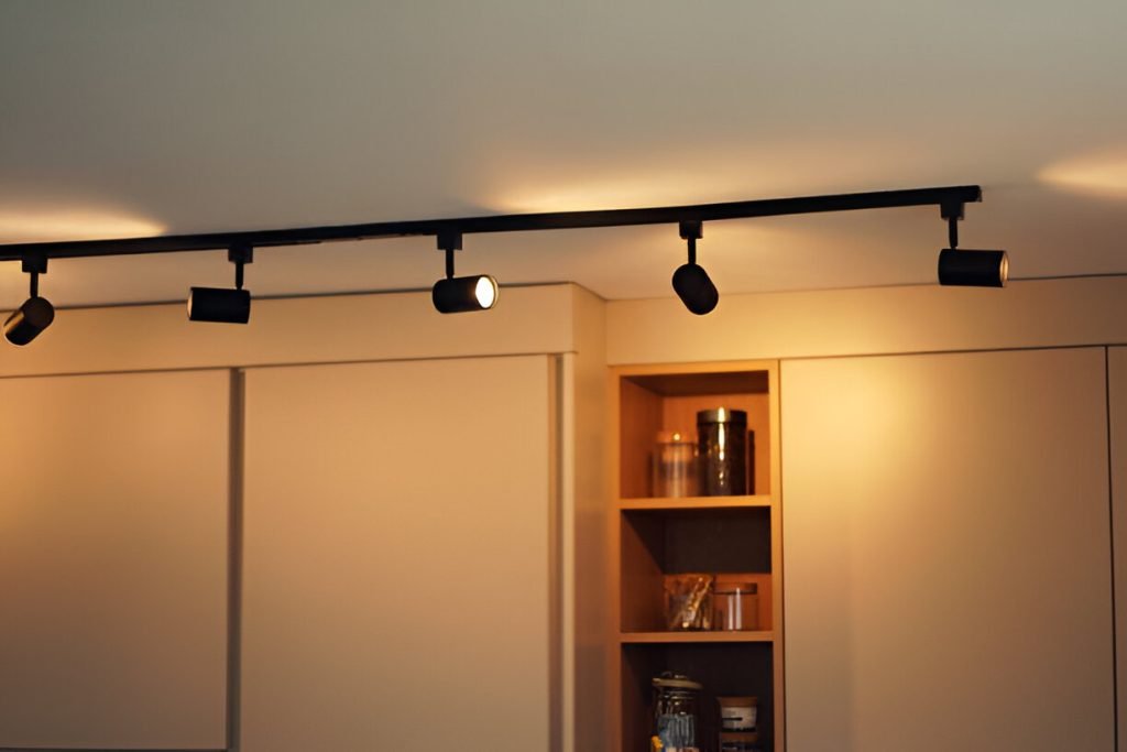 Ceiling lighting of a kitchen with modern track system with five lamps.