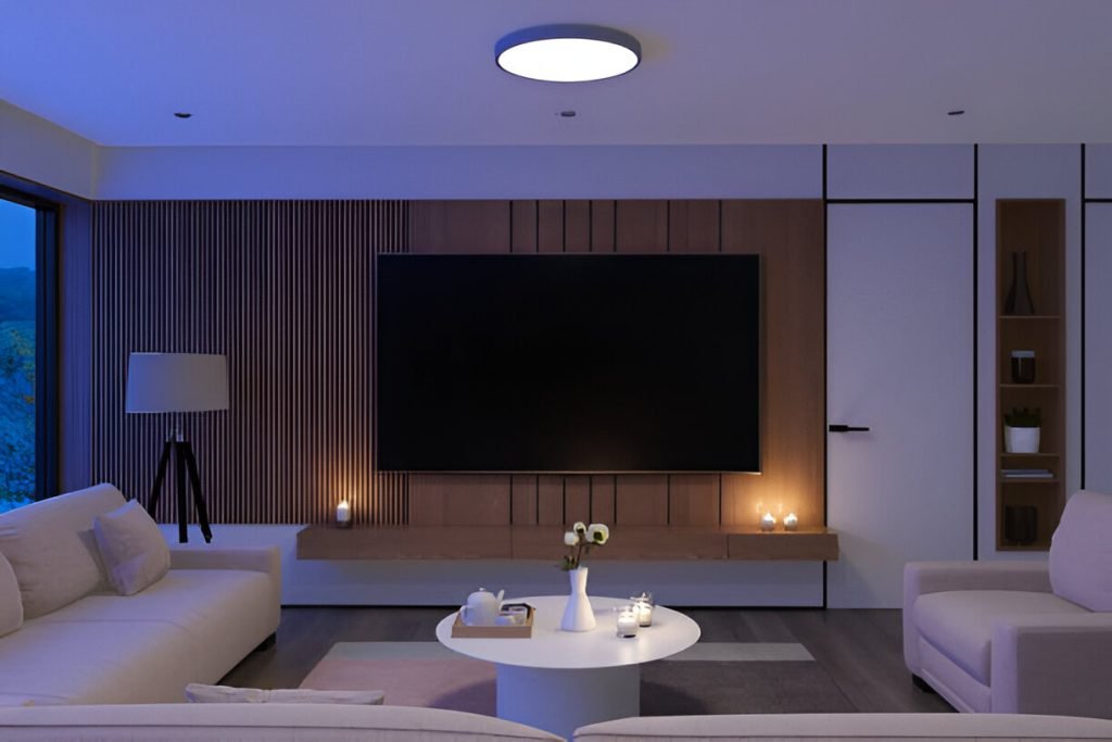 Cozy Scandinavian Living Room with Blue Hour Glow and Central Ceiling Light