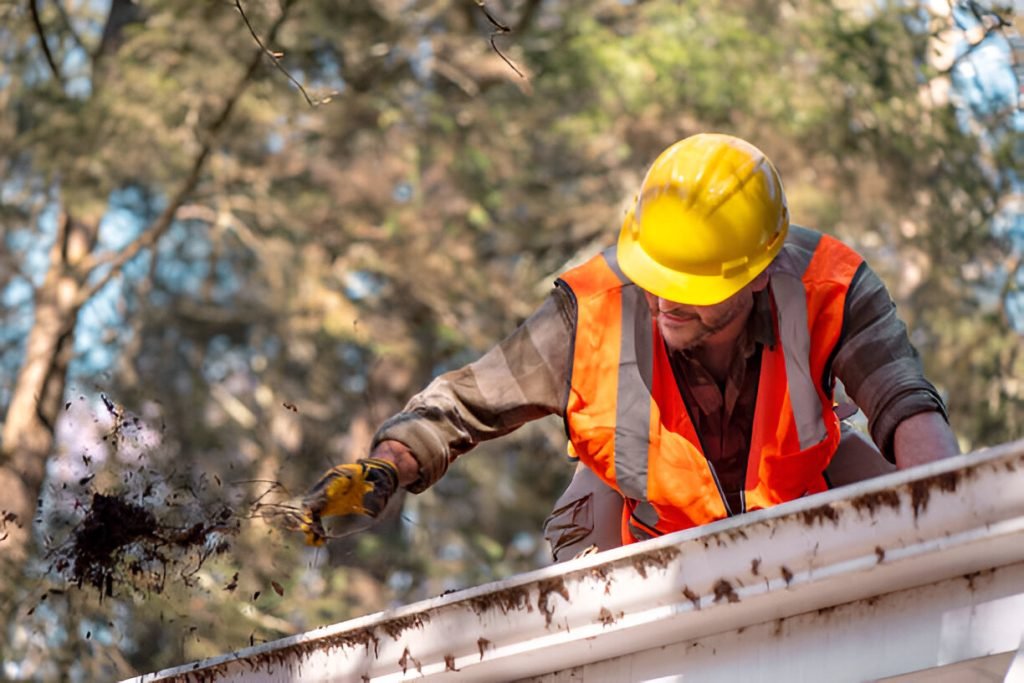 Worker in safety gear and yellow hard hat performs roof maintenance.