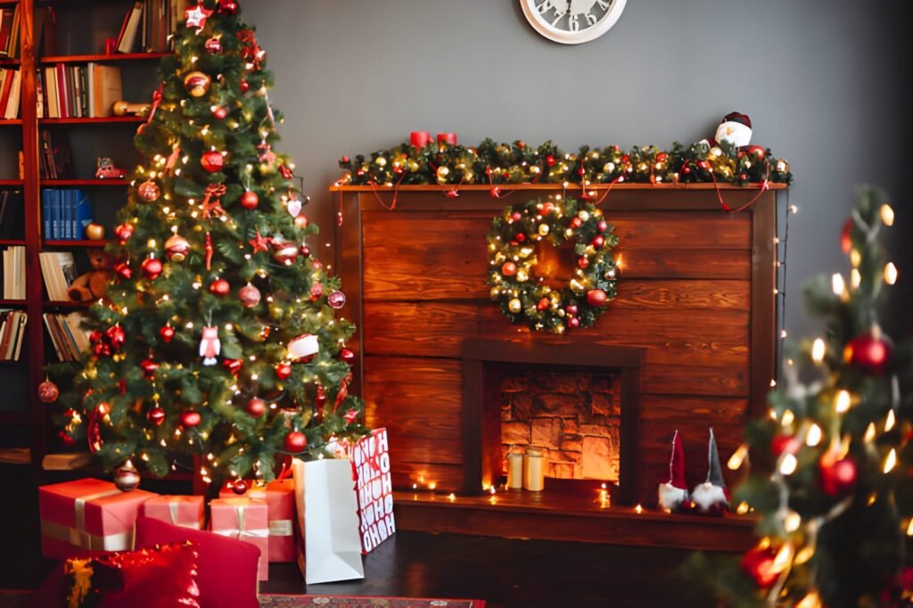 Christmas Room with Christmas Tree and Fireplace is Decorated with New Year's toys and garlands