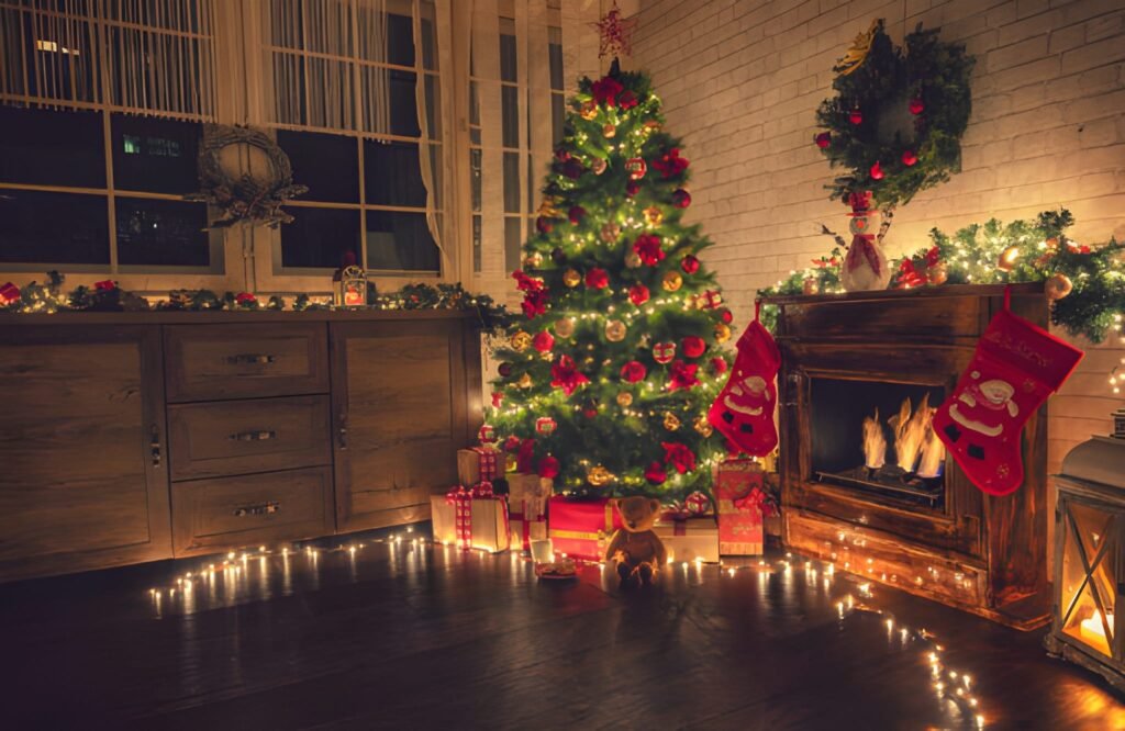 Decorated Christmas Tree Near Fireplace at Home
