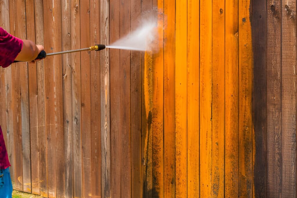 Time to clean the fence with a pressure washer