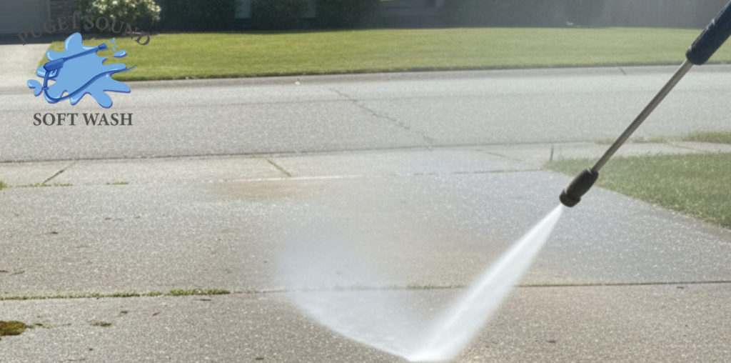 Pressure washing driveway with soft wash logo