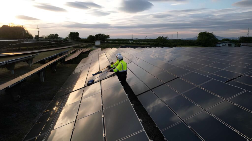 An aerial view depicting two solar engineers engaged in work within a solar panel array at a power station located in the countryside.