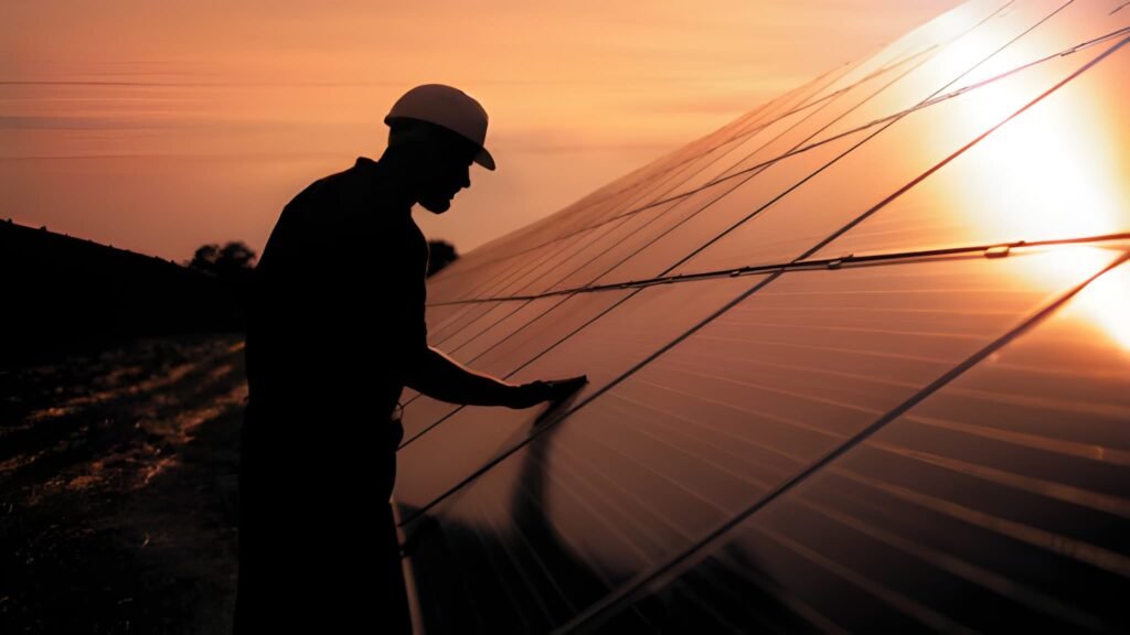 Assistance technical worker in uniform is checking an operation and efficiency performance of photovoltaic solar panels