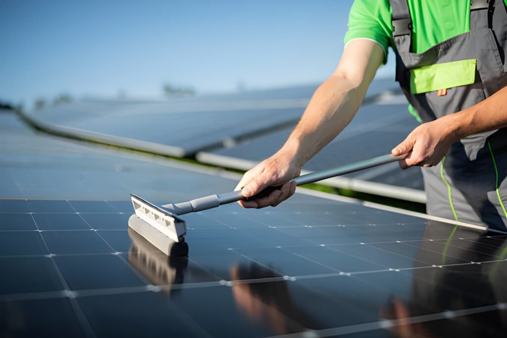 Close up of unrecognisable worker in green clothes cleaning solar panels with tool.