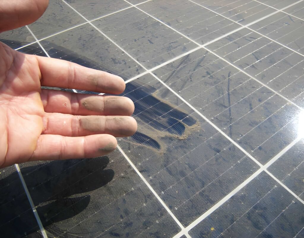 Dirty Hand after Rubbing Dusty Solar Panel
