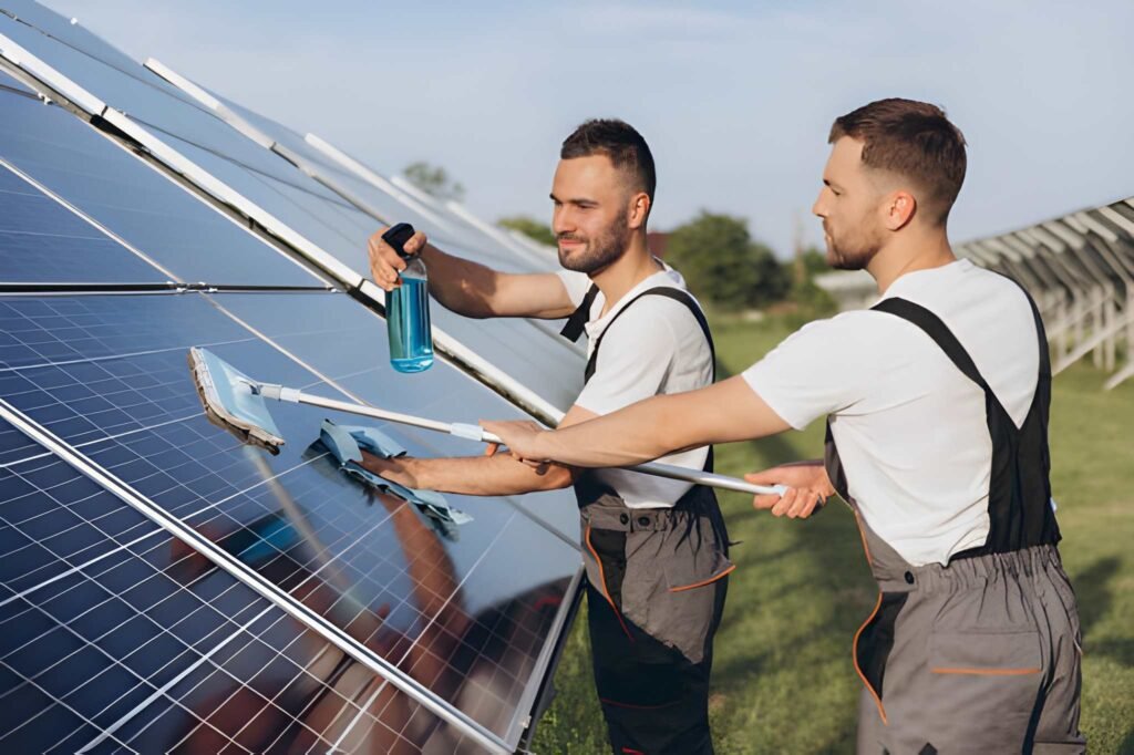 Labor working on cleaning solar panel at solar power plant, Professional cleaning, Solar panels.