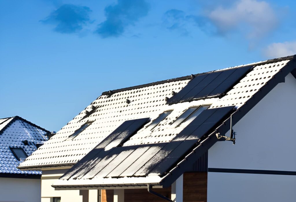 Modern house roof with solar panels covered with snow