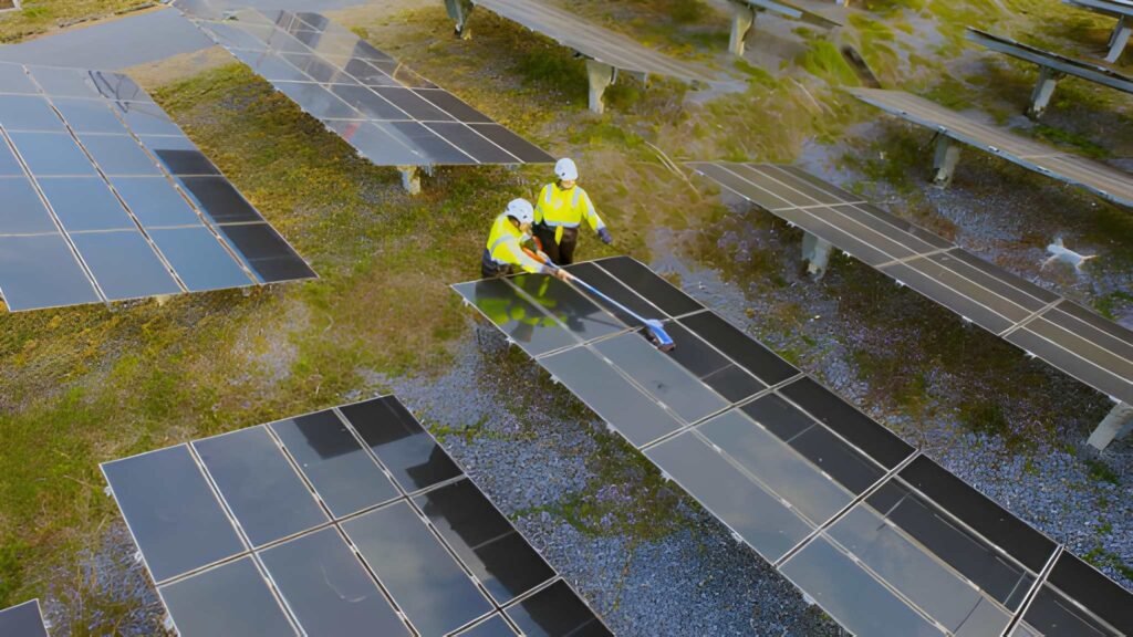 Professional workers clean and inspect solar panels.
