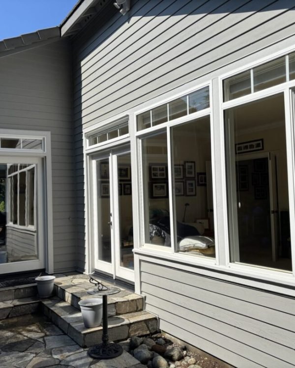Modern patio with large glass windows