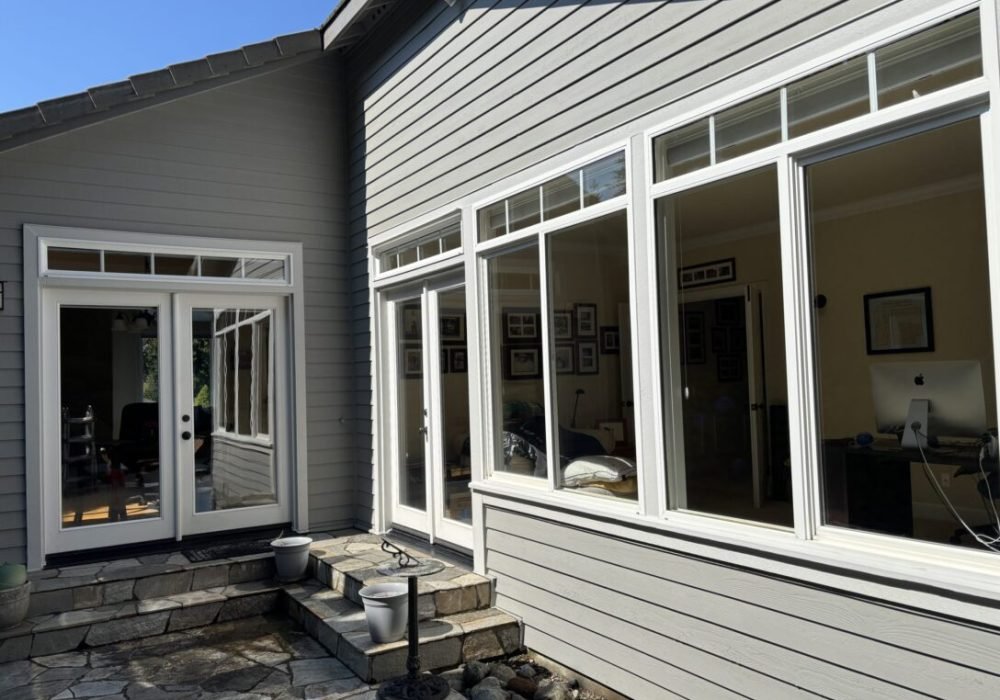 Modern patio with large glass windows